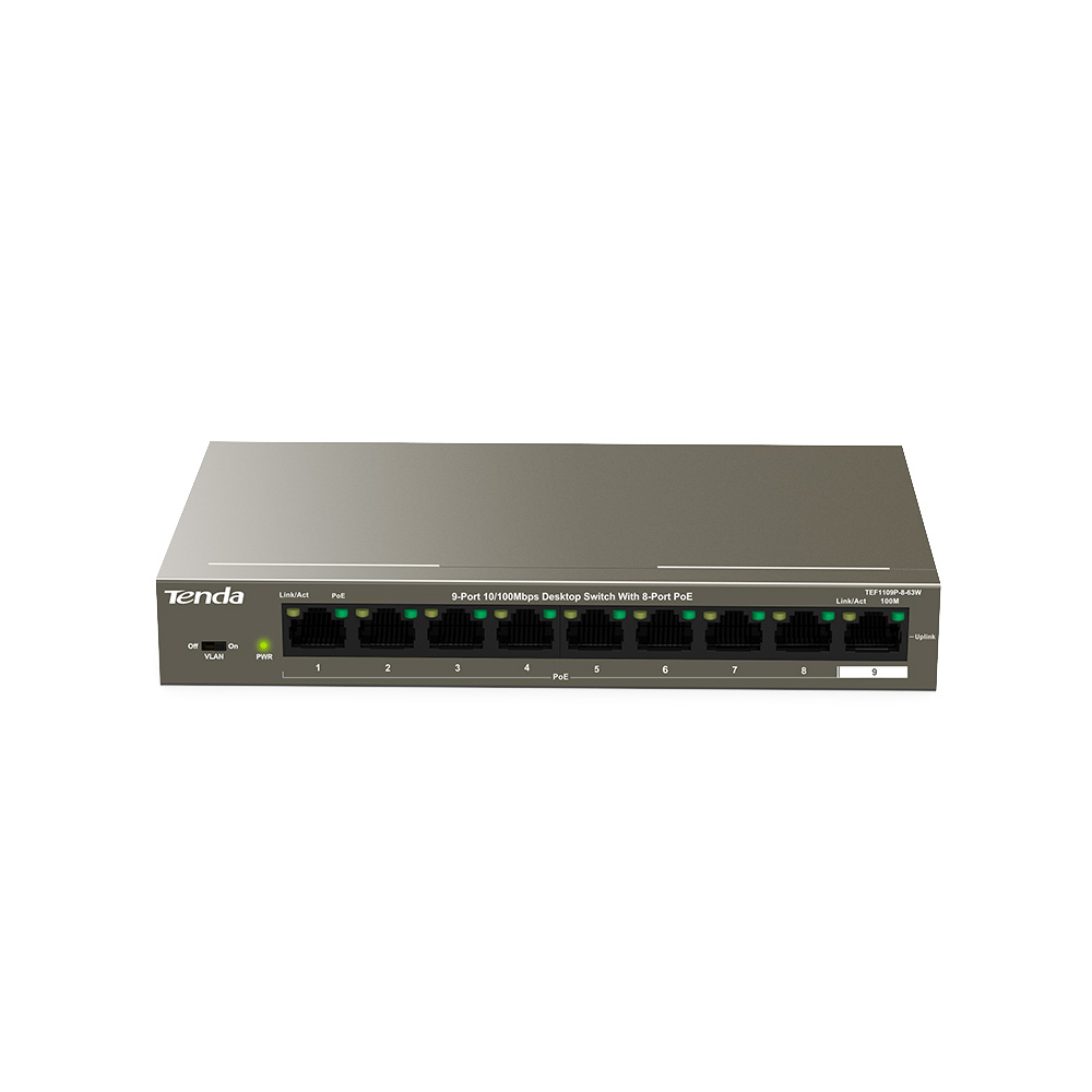Tenda TEF1109P-8-63W 9 Port 10/100 8 Port Poe 63Watt Yönetilemez Desktop Switch