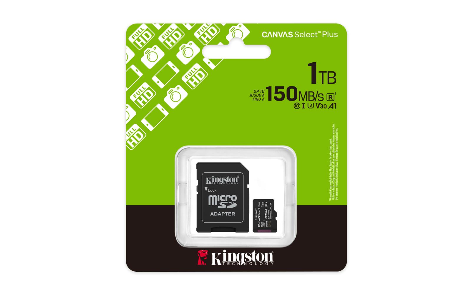 Kingston SDCS3-1TB 1TB microSDXC Canvas Select Plus Gen3 150MB-s A1 Card + Adapter Hafıza Kartı
