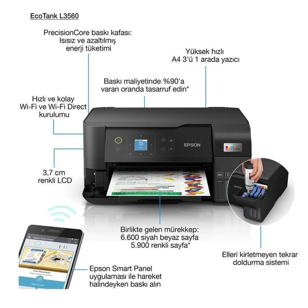 Epson L3560 MEAF Yazıcı Tarayıcı Fotokopi Renkli Mürekkep Tanklı Yazıcı WI-FI Ekranlı