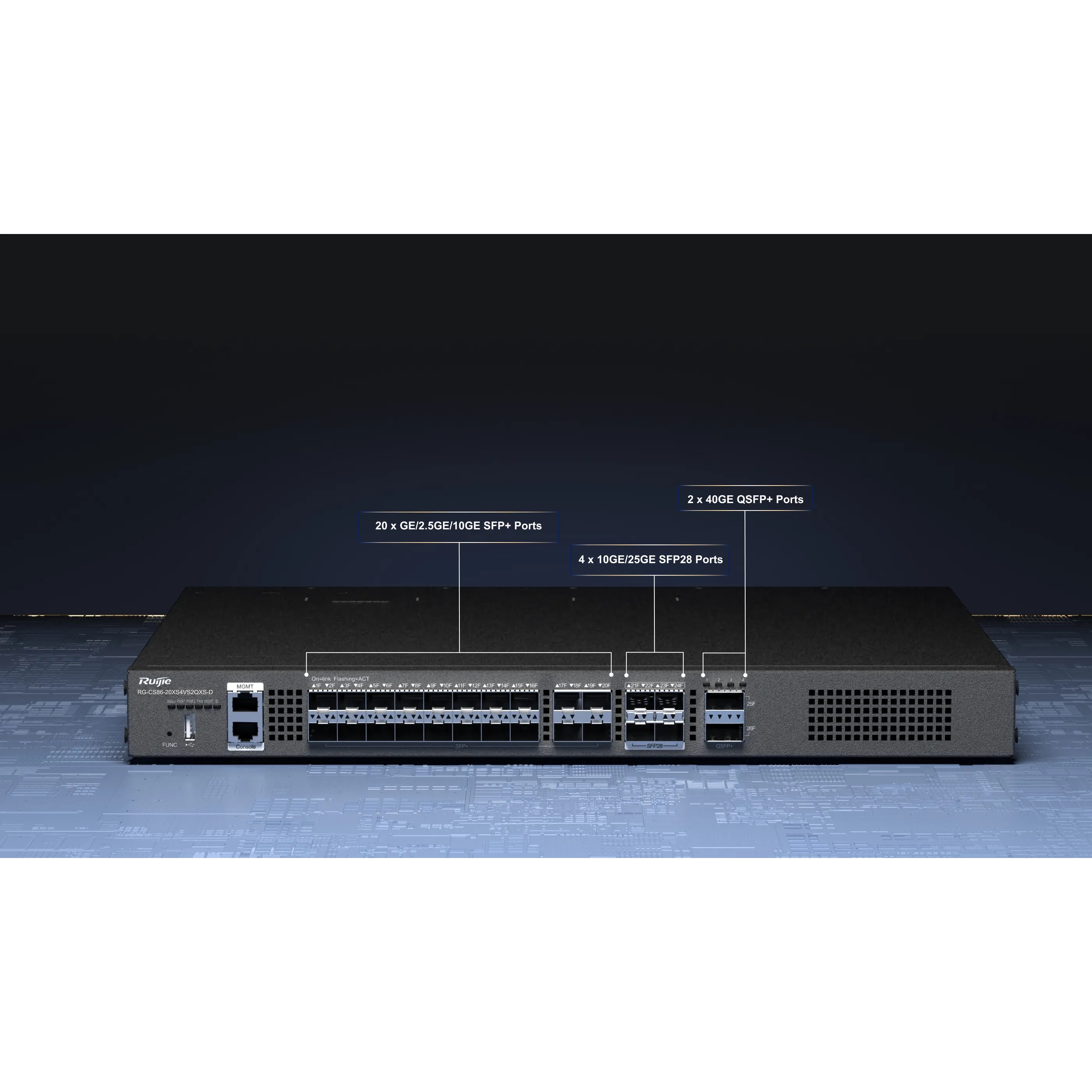 Ruijie RG-CS86-20XS4VS2QXS-D 28 Sfp 100/1000M 10/100/1000 2 x 40GBase-X QSFP+ Yönetilebilir Rack Mount Switch