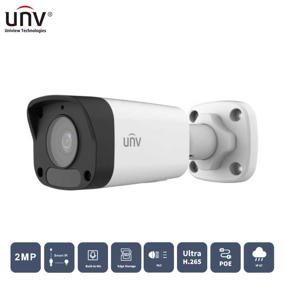 Uniview IPC2122LB-ASF28K-A 2 mp 2.8mm 30mt IP67 H265+ IR Bullet IP Kamera (Dahili Sesli)