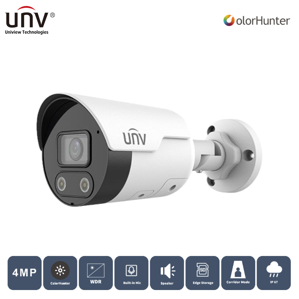Uniview IPC2124LE-ADF28KMC-WL 4 mp 2.8mm 50mt Colorhunter IP67 H265+ IR Bullet IP Kamera (Dahili Sesli ve Hoparlörlü)