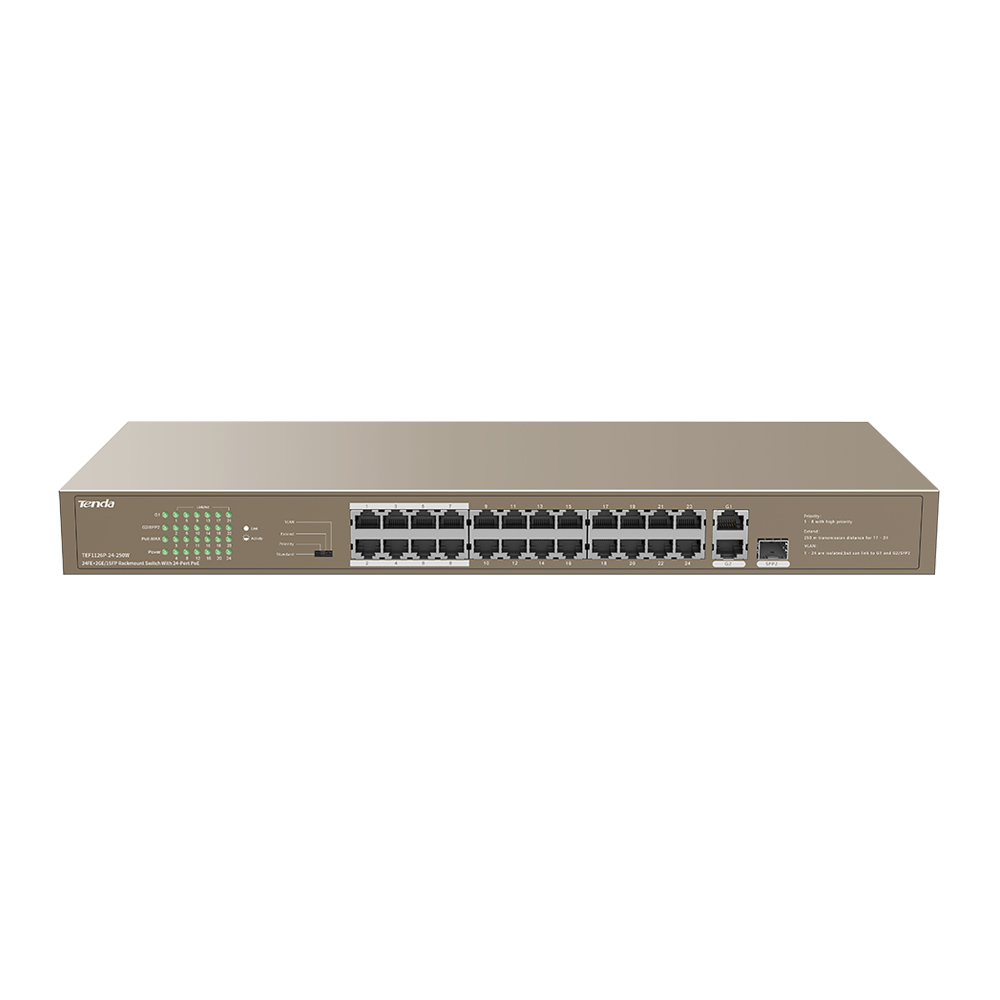 Tenda TEF1126P-24-250W 24 Port 10/100 Poe 2 Port Uplink + 1 Sfp 250W Yönetilemez Desktop Switch