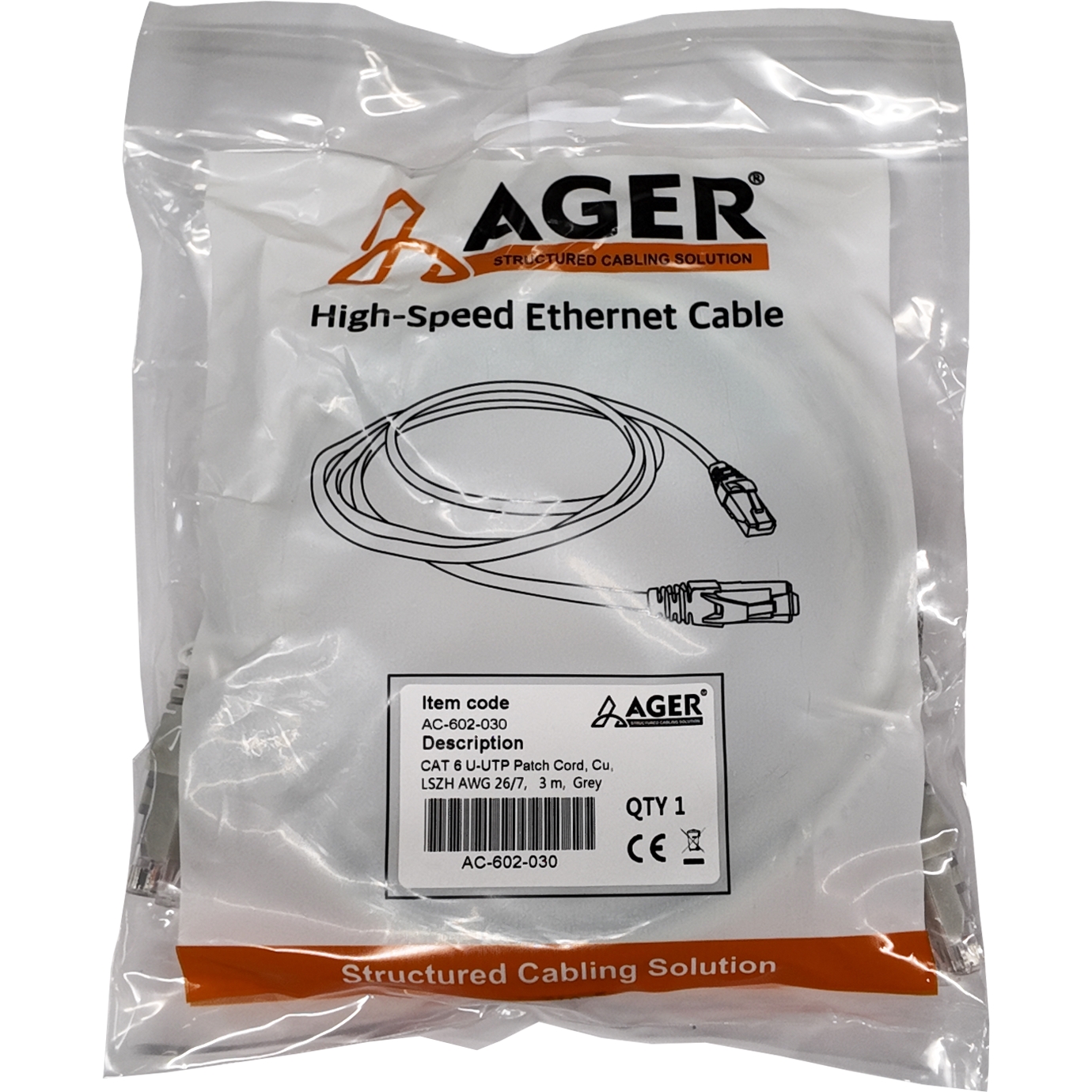 Ager AC-602-030 3 Mt Utp CAT6 Patch Kablo Gri Cu, LSZH AWG 26/7