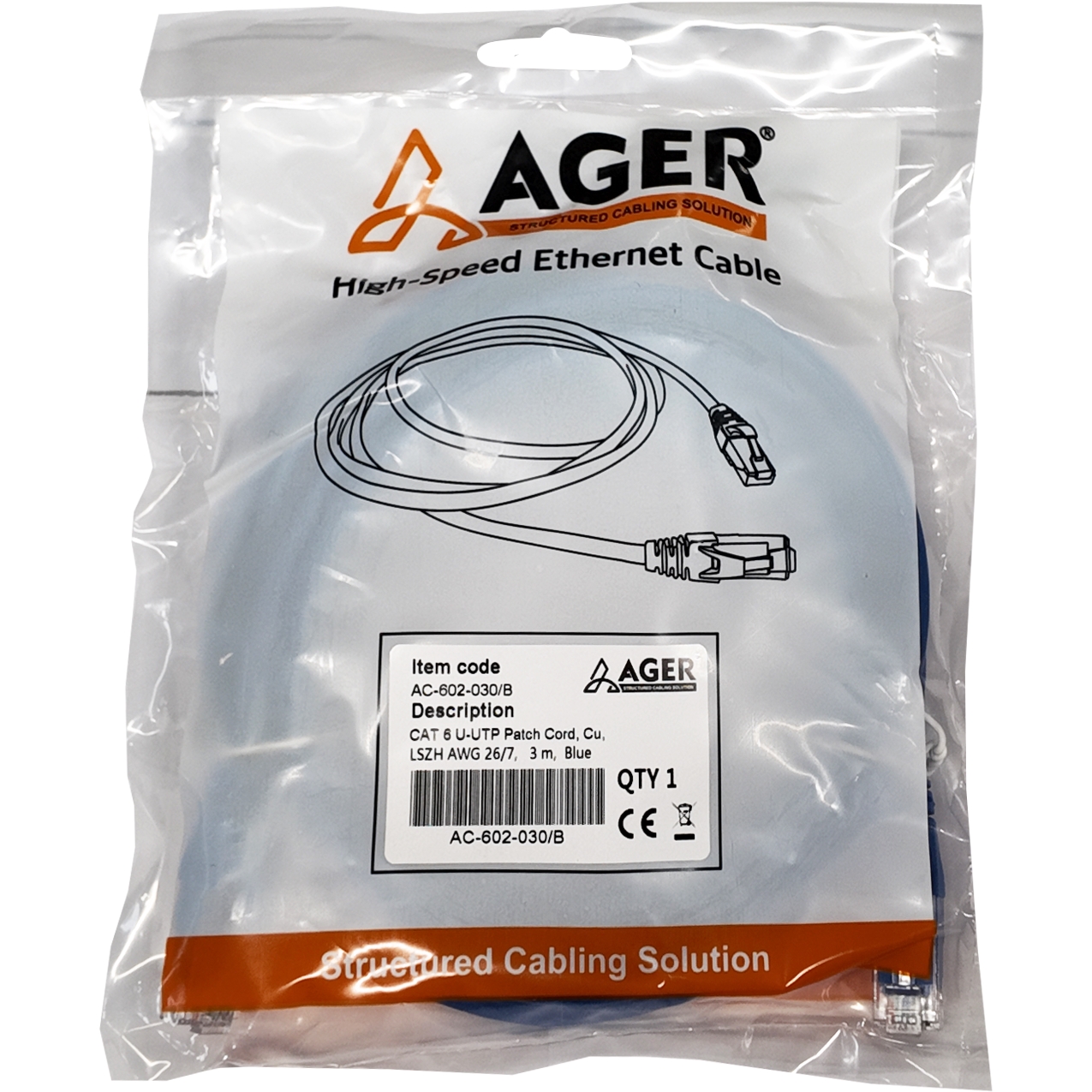 Ager AC-602-030 3 Mt UTP CAT6 Patch Kablo Mavi Cu, LSZH AWG 26/7