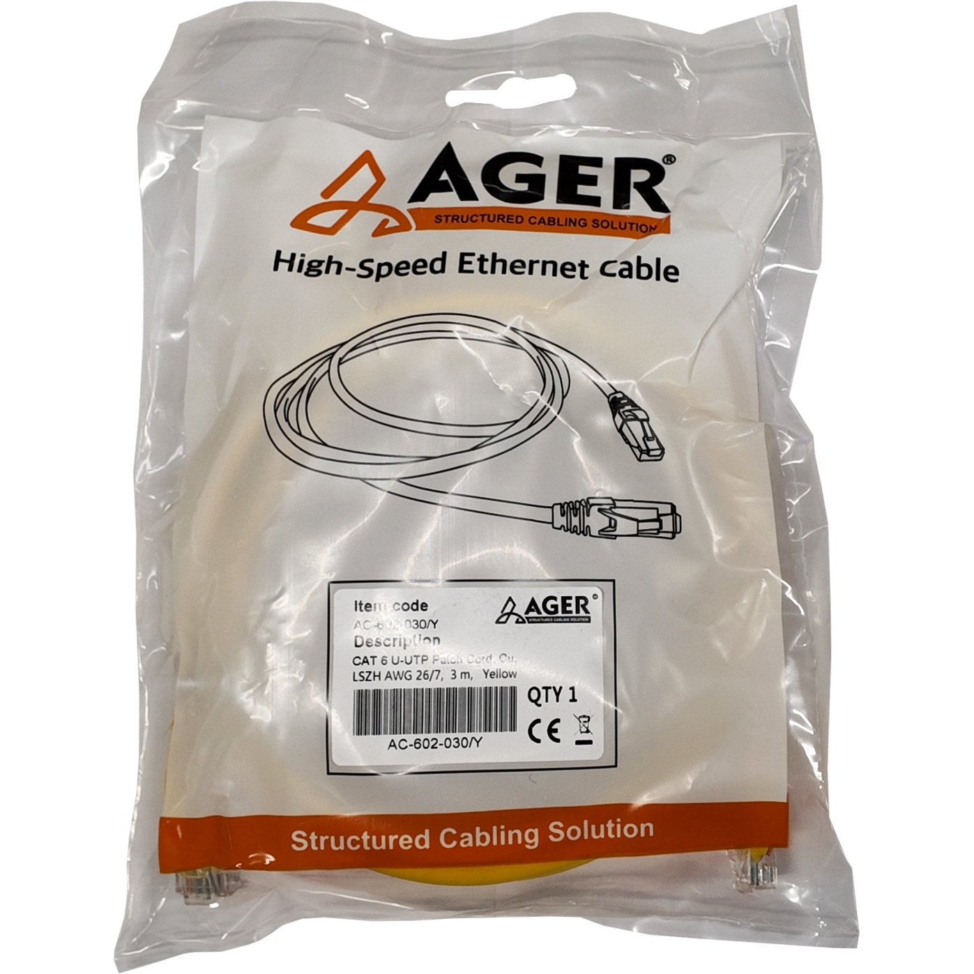 Ager AC-602-030 3 MT UTP CAT6 Patch Kablo Sarı Cu, LSZH AWG 26/7