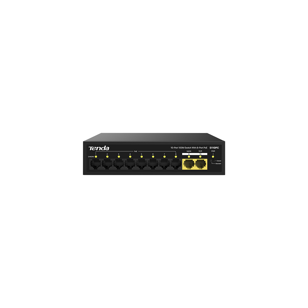Tenda S110PC 10 Port  10/100 8 Port Poe 2 Port Uplink 80w Yönetilemez Desktop Switch
