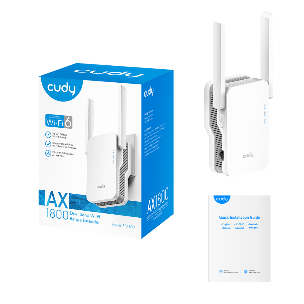 Cudy RE1800 AX1800 Wi-Fi 6 1Port 2 Anten 2.4/5GHz Indoor Repeater Menzil Genişletici