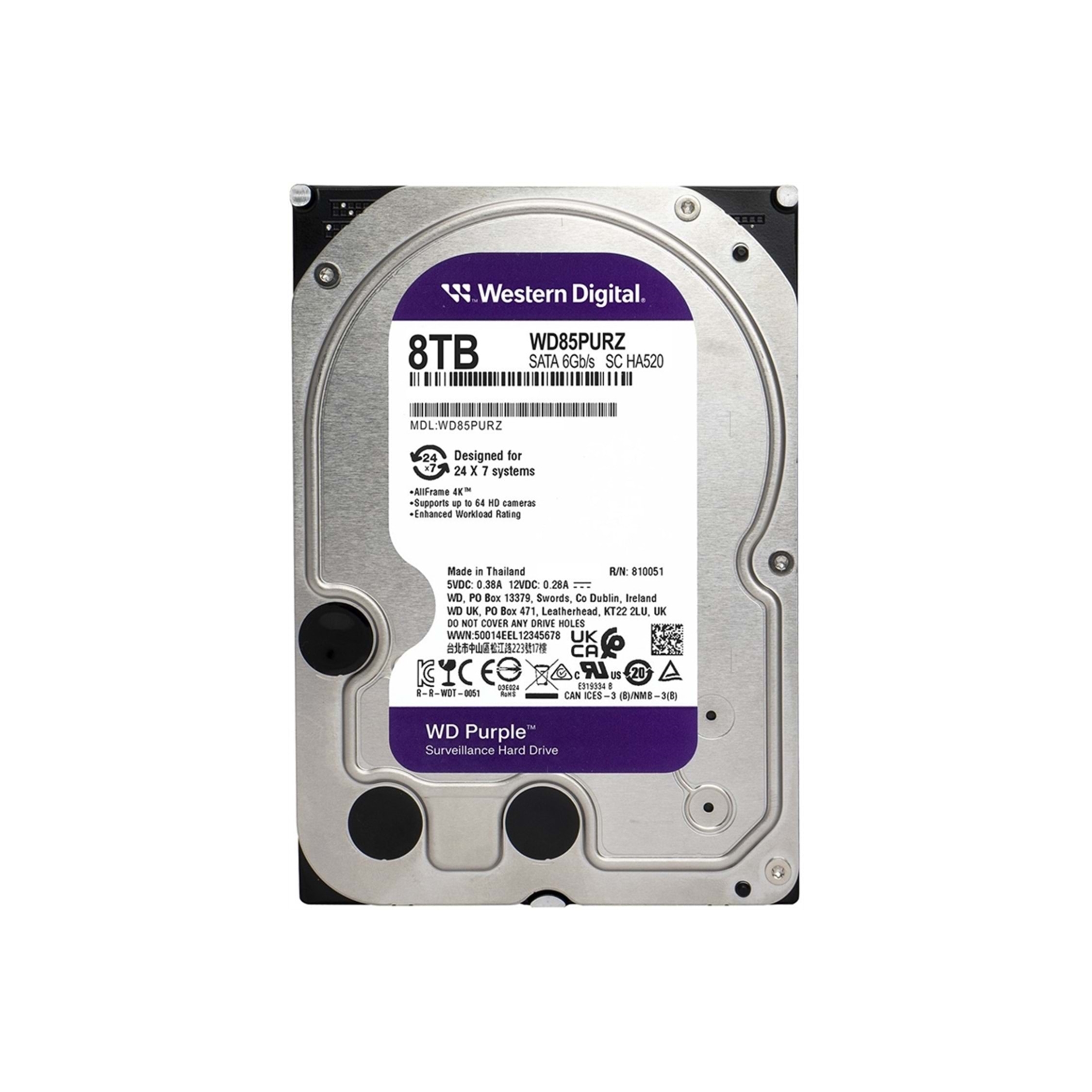 WD Purple 8 Tb 5640Rpm 256Mb Sata3 WD85PURZ 7/24 Hdd