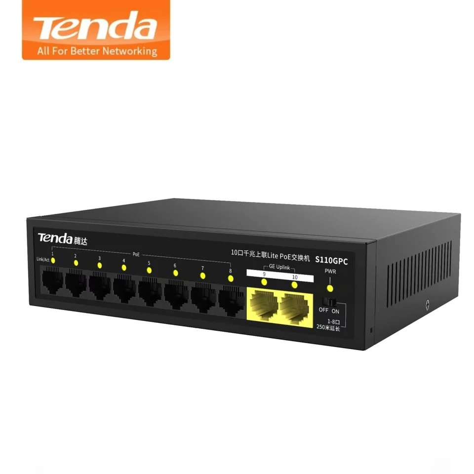 Tenda S110GPC 10 Port 10/100 8 Port Poe 2 Port Gigabit Uplink Yönetilemez Desktop Switch