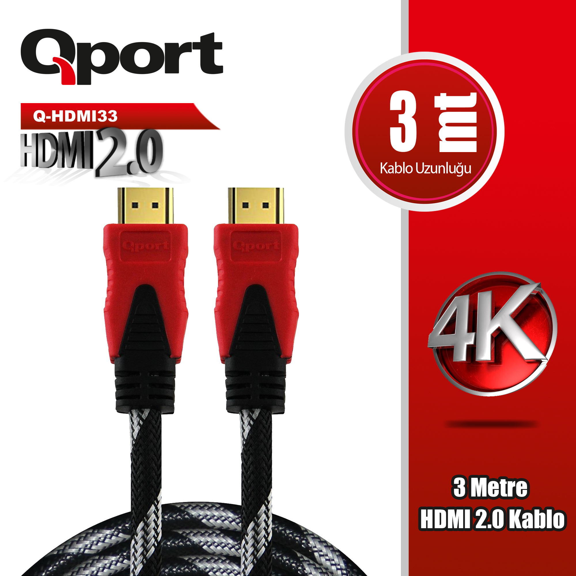 Qport Q-HDMI33 Hdmi Kablo 3mt Ver 2.0 4K Altın Uçlu