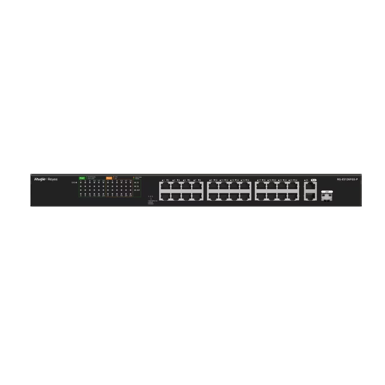 Ruijie Reyee RG-ES126FGS-P 24 Port 10/100 24 Port Poe 2 Port Uplink + 1 Sfp 370 Watt Yönetilemez Rack Mount Switch