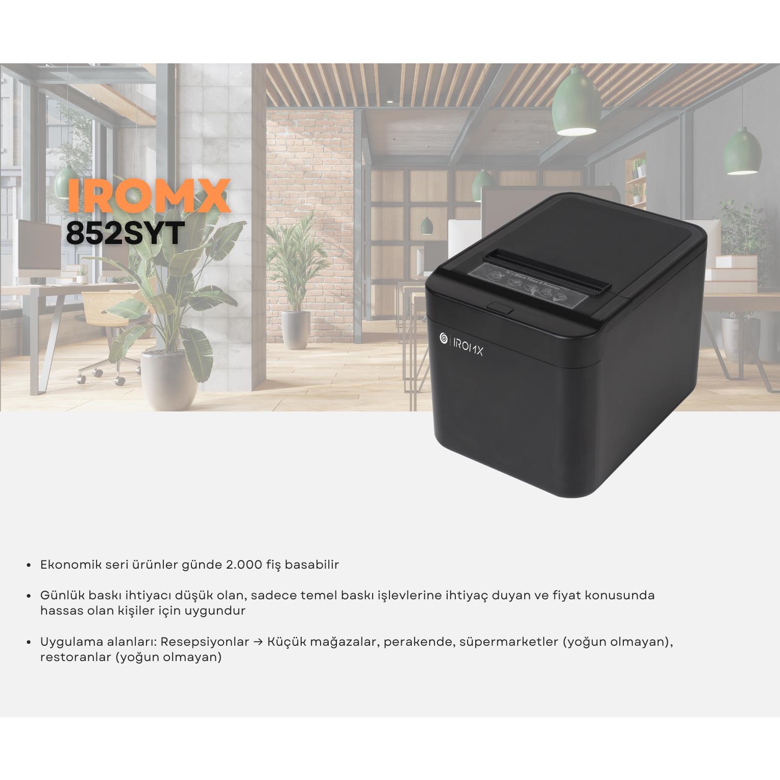 Iromx 852SYT Thermal/Otomatik Kesicili Usb+Ethernet Slip Yazıcı 80MM/Siyah