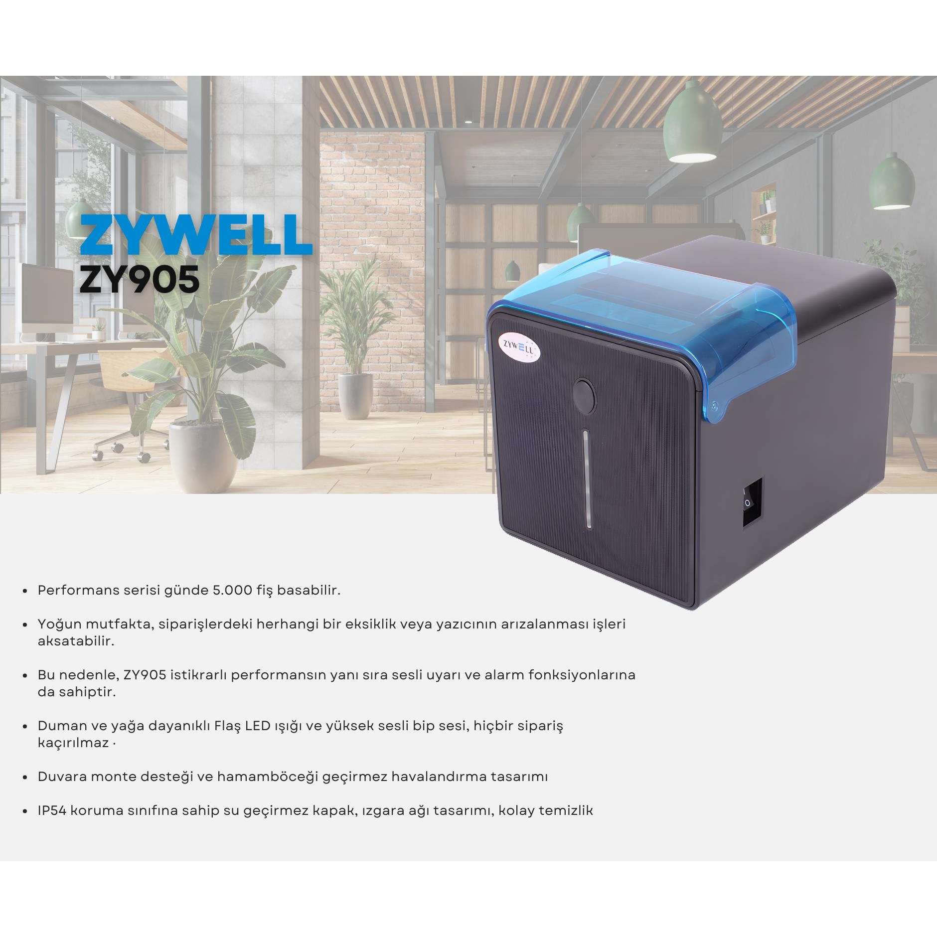 Zywell ZY905 Thermal/Otomatik Kesicili Usb+Ethernet Slip / Fiş Yazıcı 230MM/s / 80MM Siyah