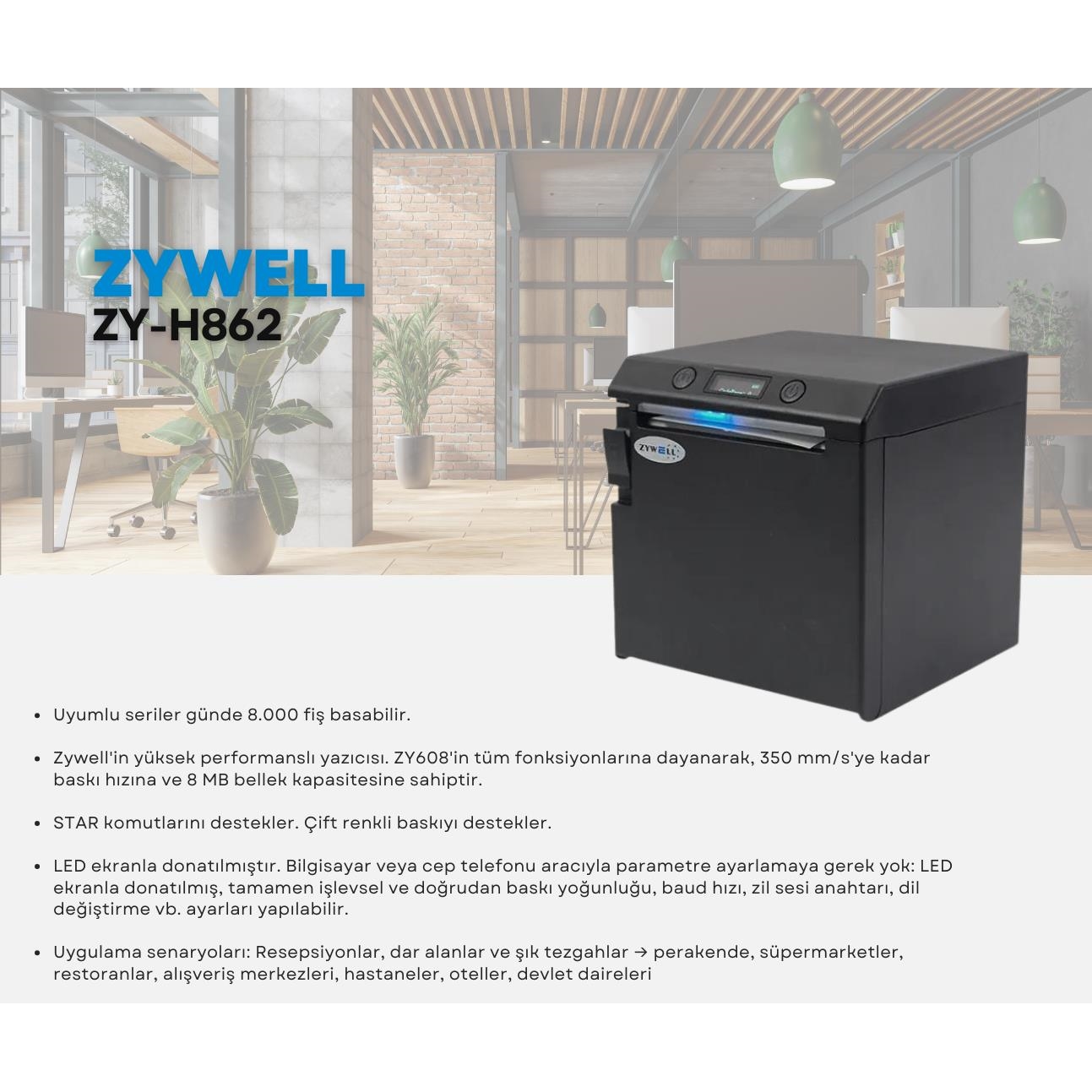 Zywell ZY-H862 Thermal Otomatik Kesicili Usb+Seri+Eth+Wifi Slip Fiş Yazıcı 350MM/s / 80MM Siyah