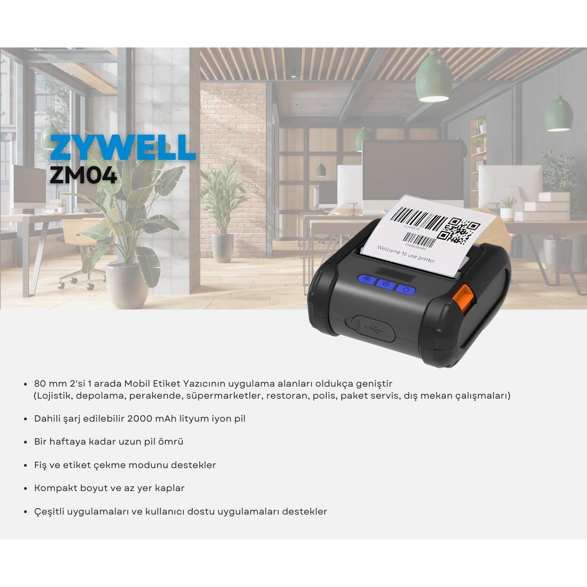 Zywell ZM04 Thermal Usb+Bt Mobil Barkod Yazıcı 100MM/s / 80MM