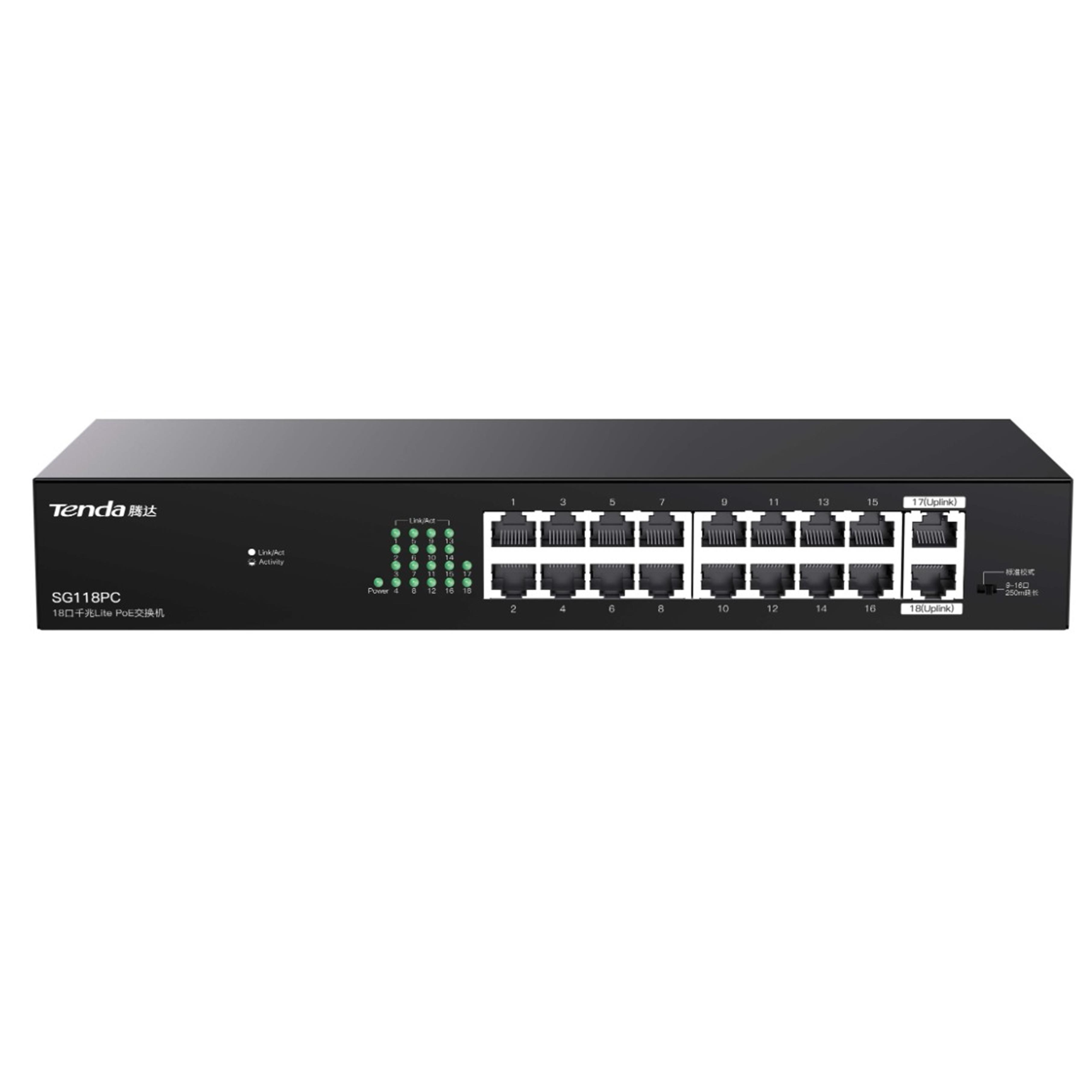 Tenda SG118PC 18 PORT 10/100/1000 16 Port Poe 2 Port Uplink 167W Yönetilemez Desktop Switch