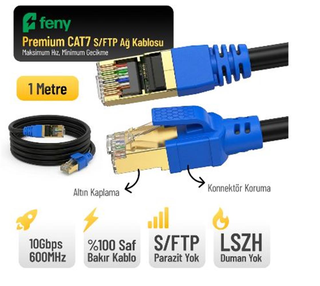 Feny FN-CAT7LS01 10Gbps İnternet 60Mhz 1 Metre Cat7 Gold Patch Kablo
