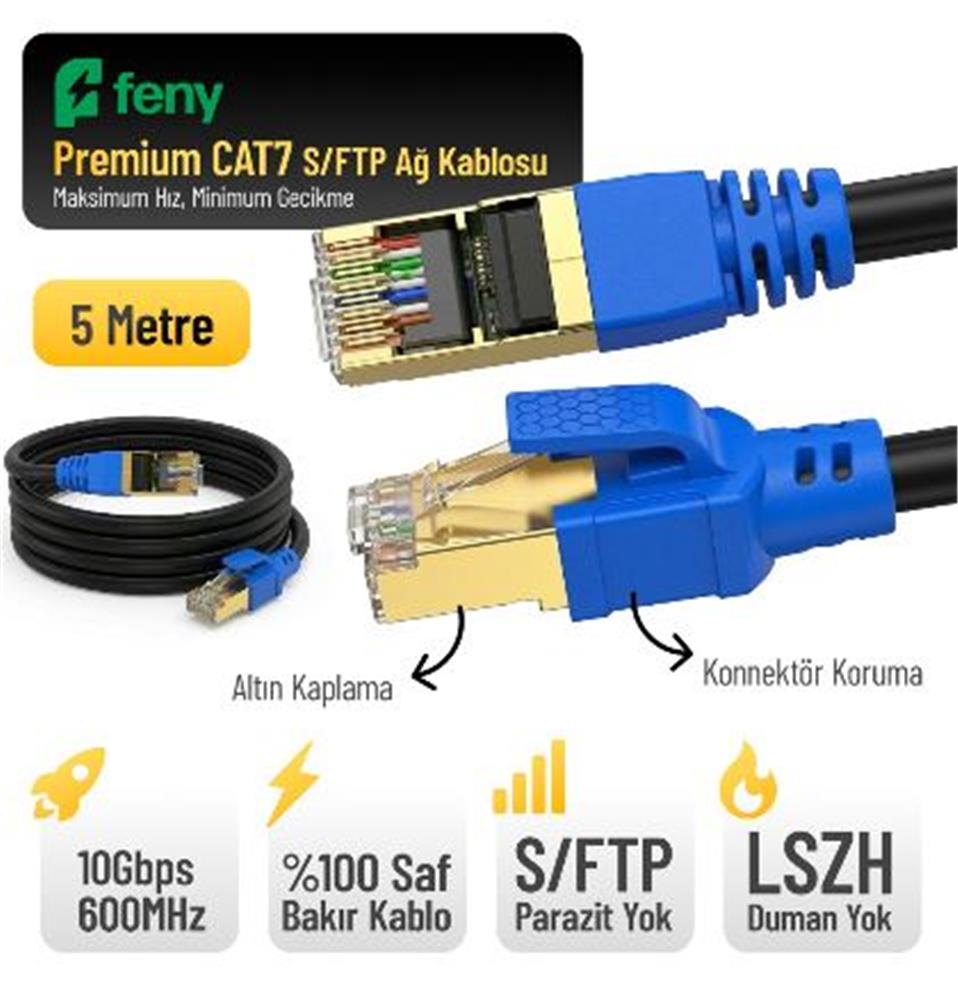 Feny FN-CAT7LS05 10Gbps İnternet 60Mhz 5 Metre Cat7 Gold Patch Kablo