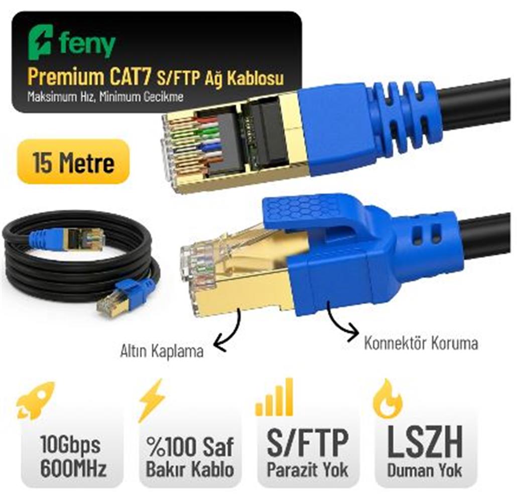 Feny FN-CAT7LS15 10Gbps İnternet 60Mhz 15 Metre Cat7 Gold Patch Kablo