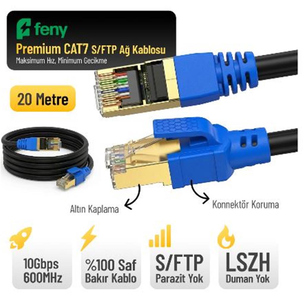 Feny FN-CAT7LS20 10Gbps İnternet 60Mhz 20 Metre Cat7 Gold Patch Kablo