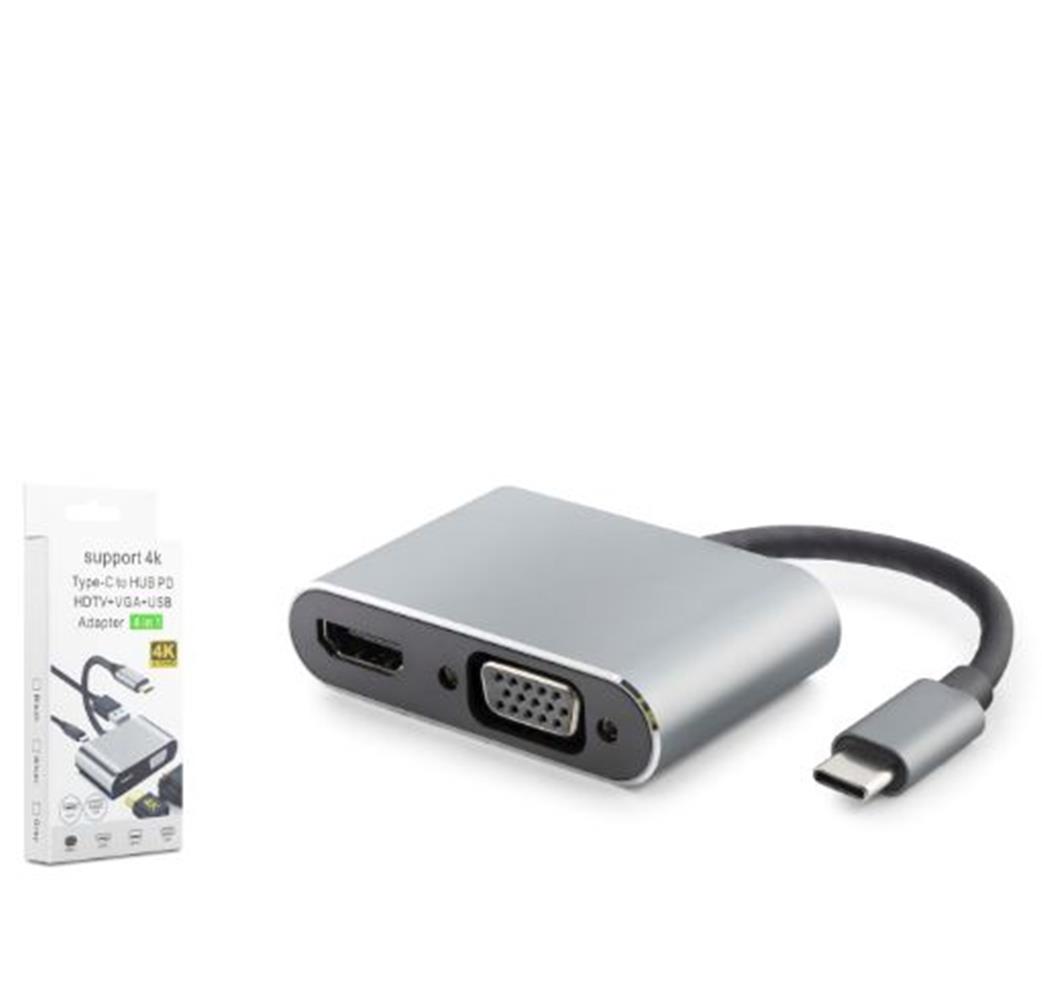 Hadron HDX7839 Type-C To Hub HDTV 4K 30hz + Type-C + Usb + Vga 4in1 Gri