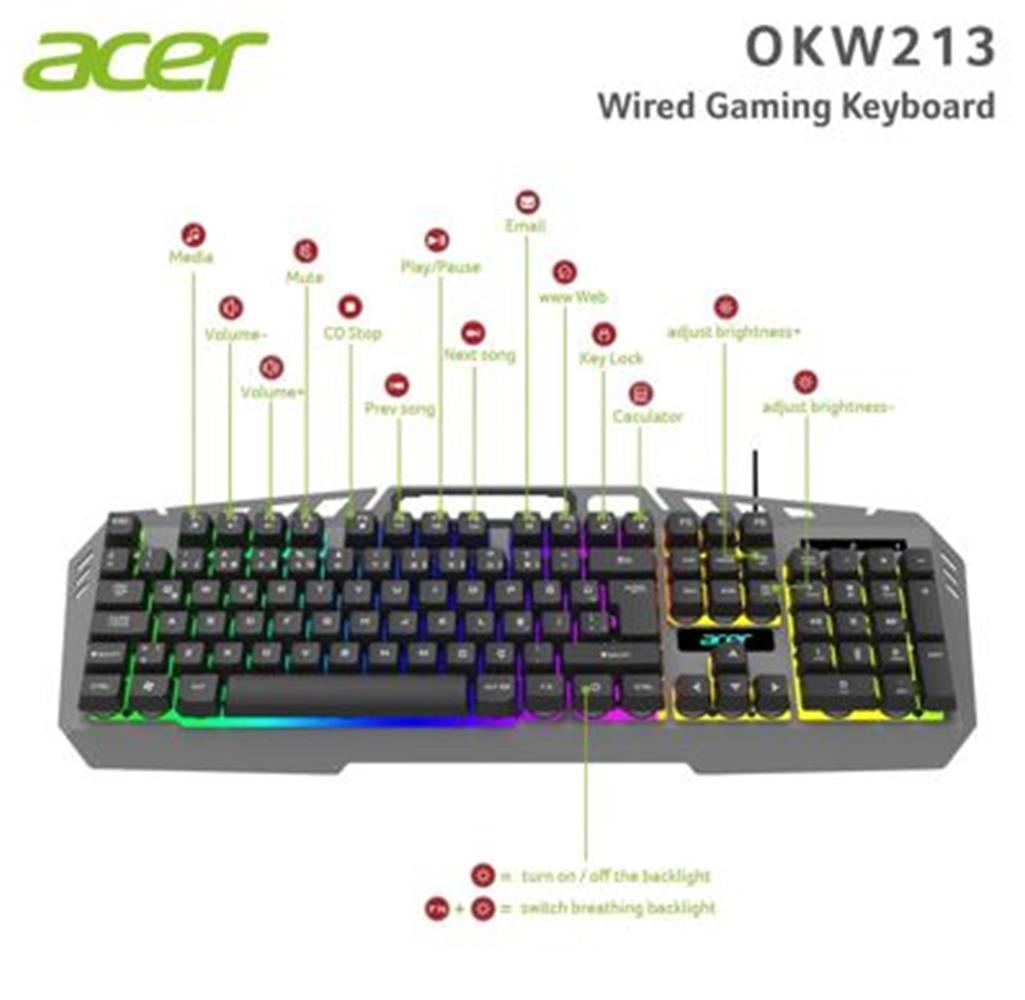 Acer OKW213 Gri RGB Rainbow Backlit Gaming Keyboard (Kablo Uzunluğu 1,5mt)