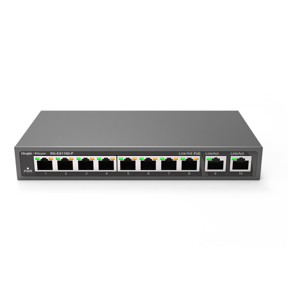 Ruijie Reyee RG-ES110D-P 8 Port Poe+ 10-100 Mbps 2 Port 10-100-1000 Mbps Uplink Switch Çelik Kasa