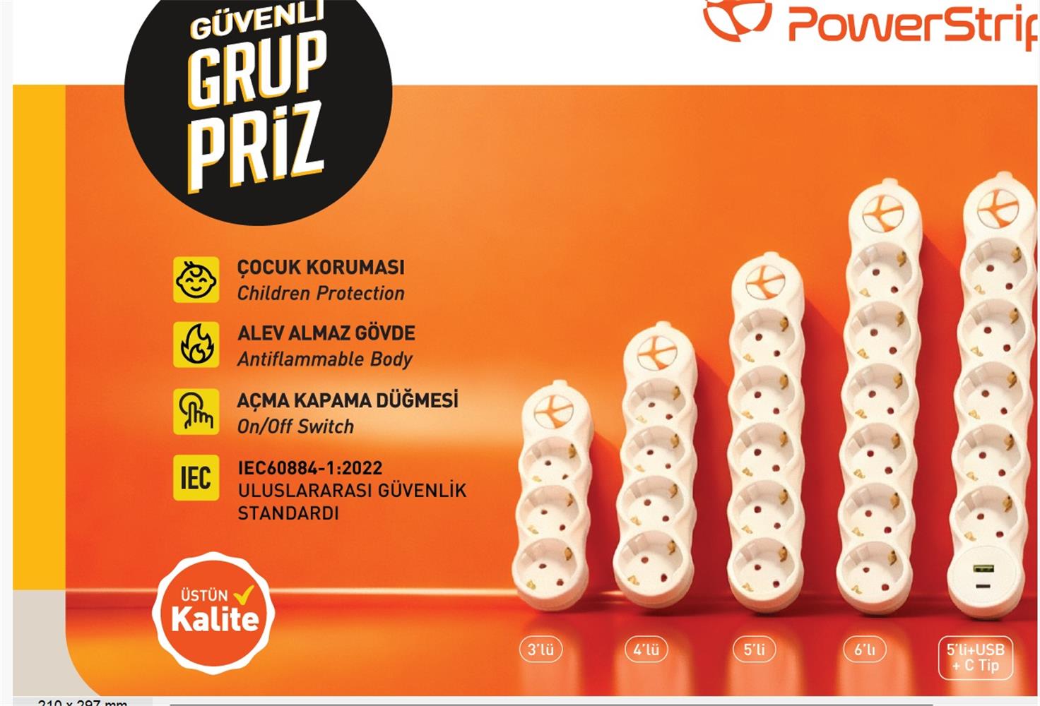 Tunçmatik Powerstrip TSK19055 3 1,5m Iec 66884-1:2022 Standartı Fr Alev Almaz Anahtarlı Grup Priz