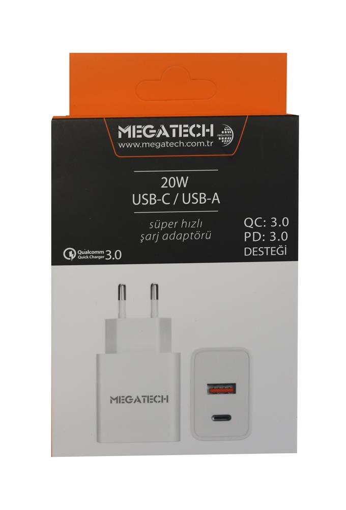 Megatech 20w Beyaz USB-C USB-A Şarj Kafa QC:3.0-PD:3.0