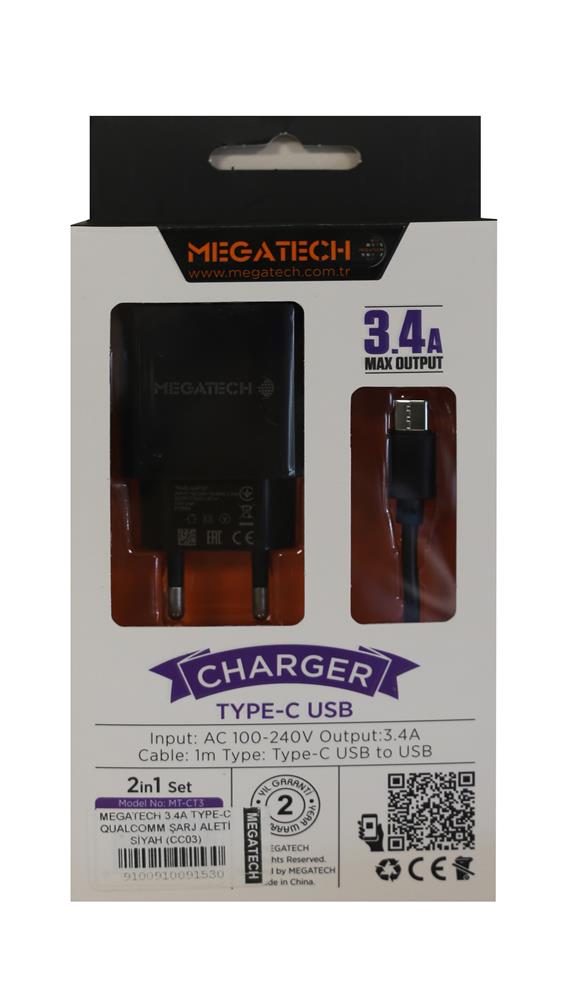 Megatech%203.4A%20Type-c%20Gualcomm%20Şarj%20Aleti%20Siyah
