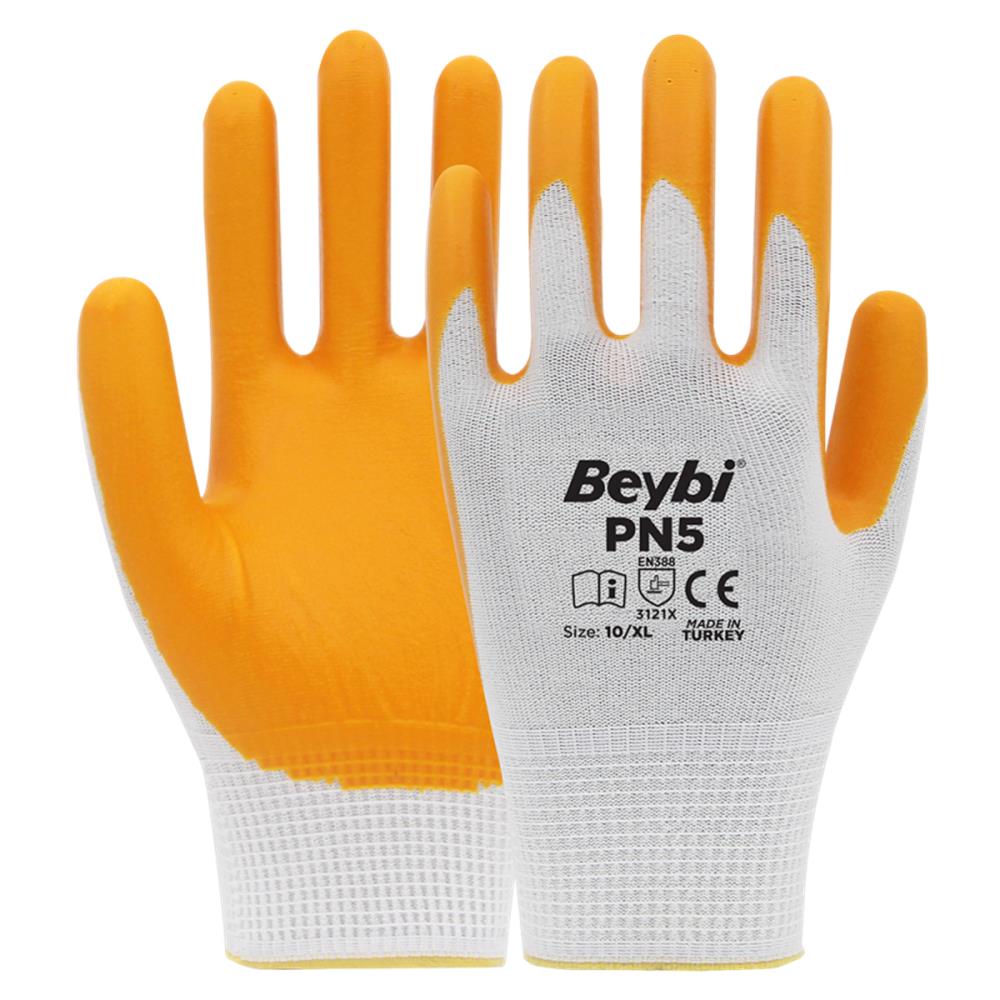 Beybi Nitril PMK PN5 Beyaz Sarı Örme Polyester Nitril 10 Beden Eldiven  12li Paket EN388 (3121X)