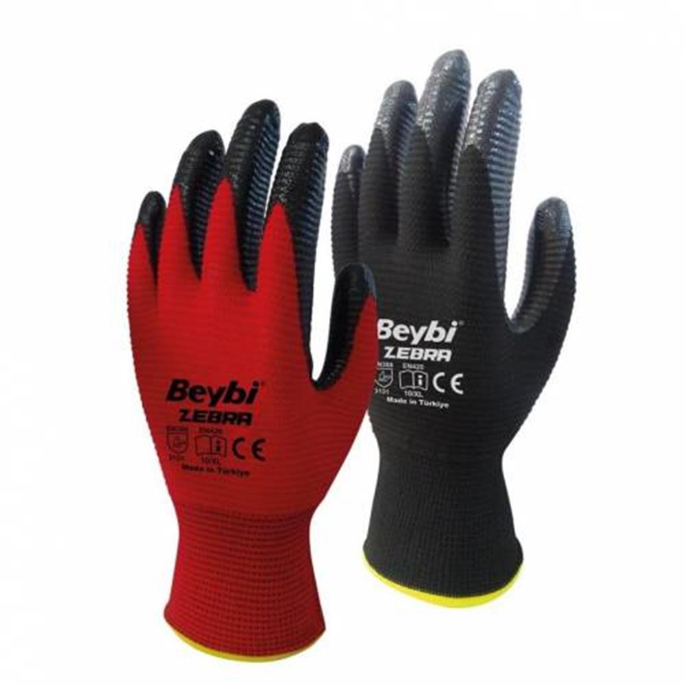 Beybi Nitril Polyester PNzebra 9 Beden Kırmızı Siyah  Eldiven 12li Paket EN388 (3131X)