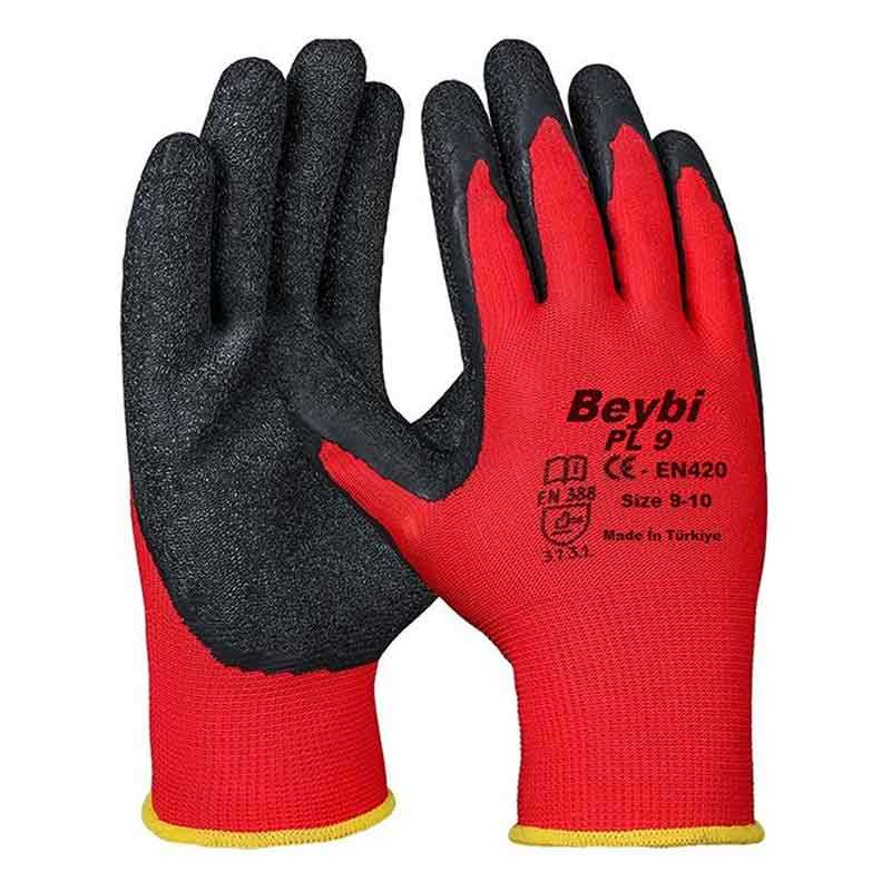 Beybi Nitril Polyester PL9 9 Beden Kırmızı Siyah İş Eldiveni 12li Paket Camcı Eldiveni