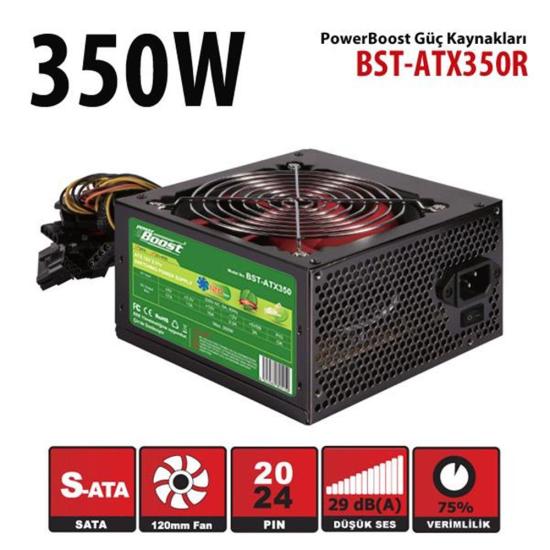 PowerBoost BST-ATX350R 350w, PPFC 12cm Kırmızı Fanlı ATX PSU (Retail Box)