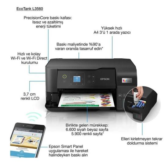 Epson L3560 Yazıcı Tarayıcı Fotokopi Renkli WI-FI