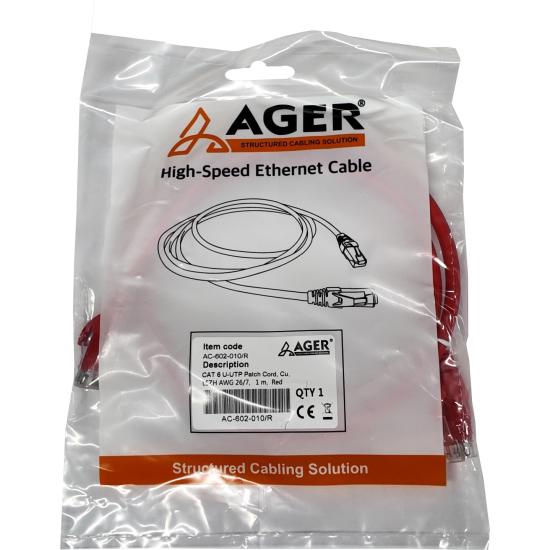 Ager AC-602-010 1Mt Utp Cat6 Patch Kablo Kırmızı