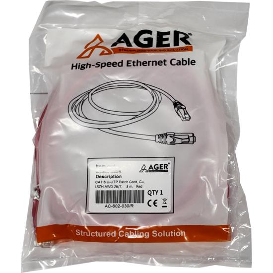 Ager AC-602-030 3 Mt UTP CAT6 Patch Kablo Kırmızı