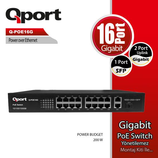 QPort Q-POE16G 16 Port Poe 200w Desktop Switch