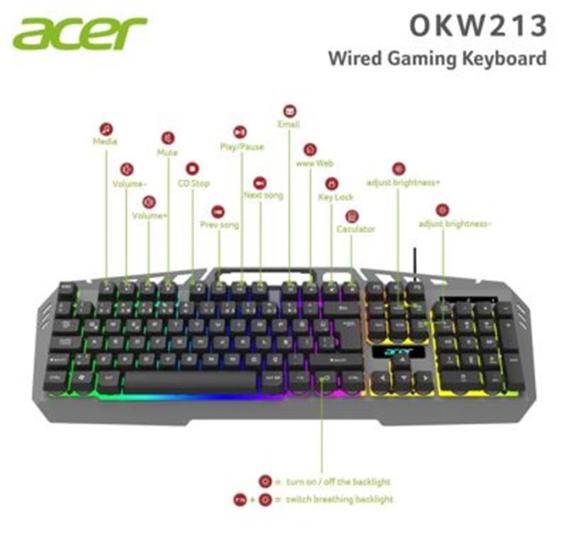 Acer OKW213 Gri Rgb Backlit Gaming Keyboard