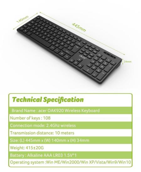 Acer OAK-920 Siyah Kablosuz Klavye 2.4Ghz